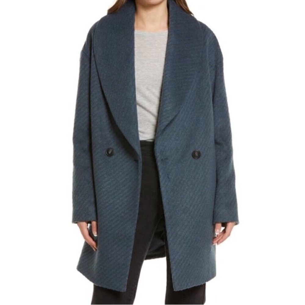 Avec Les Filles Shawl Collar Coat in Steel Wool Grey Slate Blue Peacoat